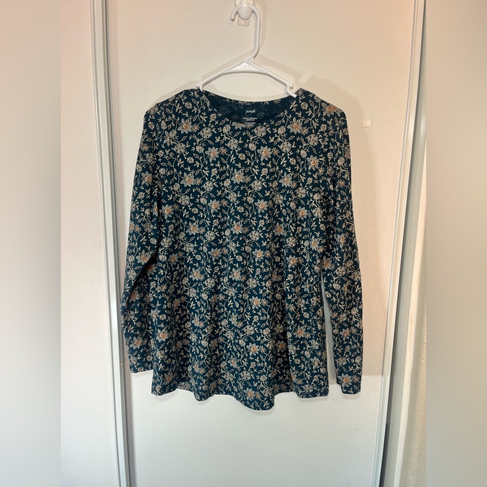 Pure Jill Floral Print Pima Cotton Shirttail Tee Long Sleeve Size XS - Picture 1 of 7